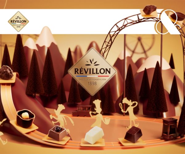 reveillon visuel 3d avec lutin dorées qui confectionne les chocolats pour papillote dans un environnement de montagne en chocolat vfx 3d compositing